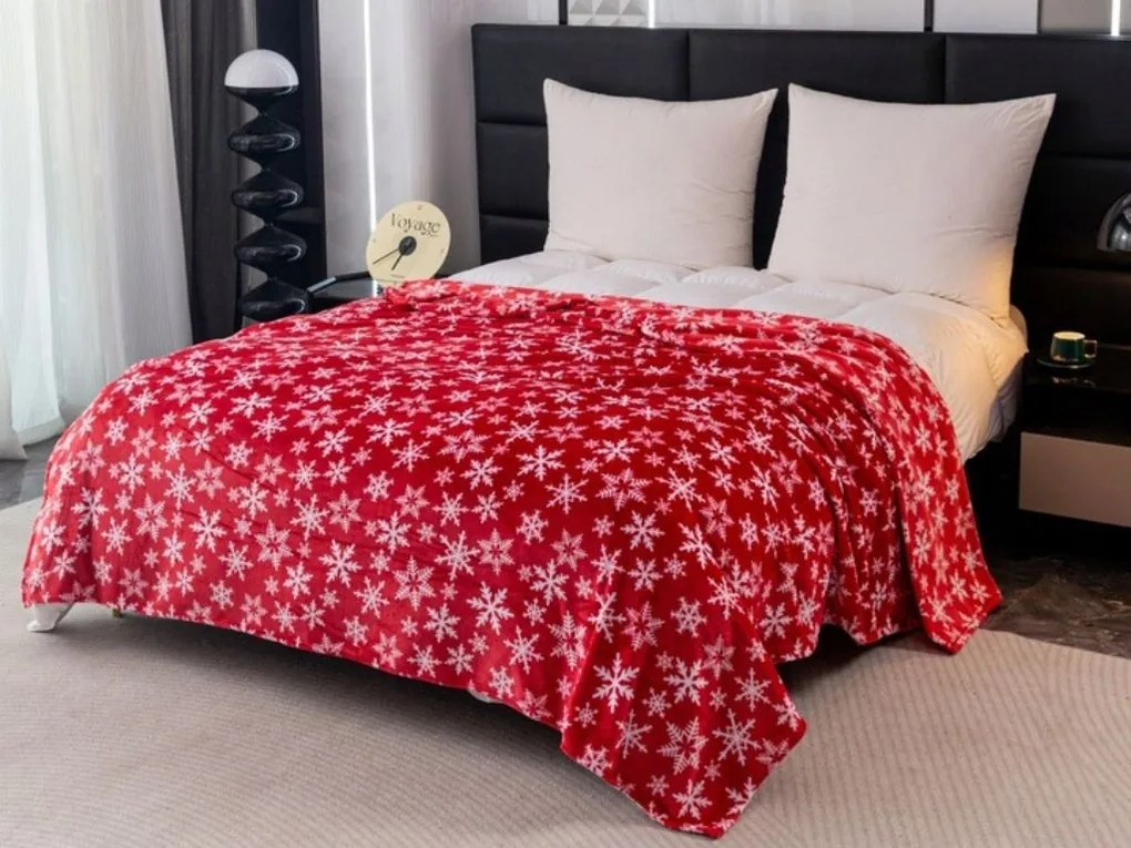 Patura de Craciun din microplus FROSTY FLAKES, rosie Dimensiune: 160 x 200 cm