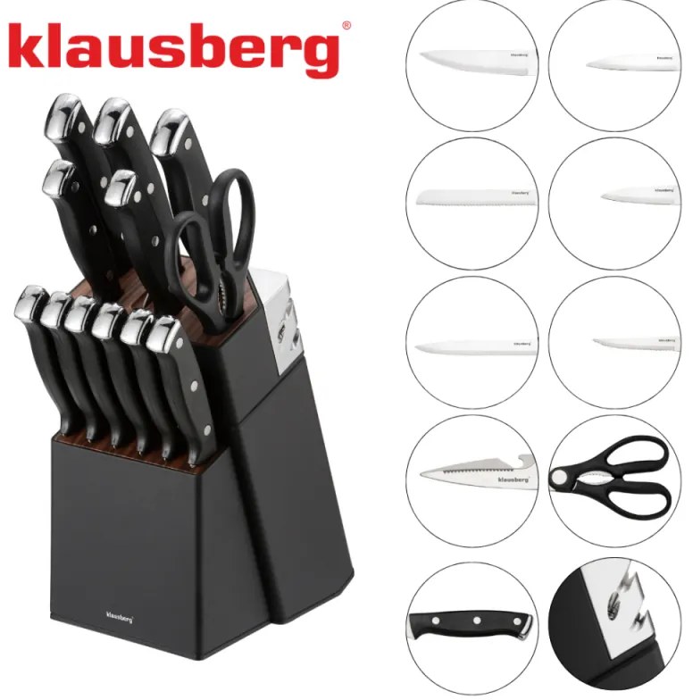 Set cuțite Klausberg KB 7985, 13 piese, Oțel inoxidabil, Mâner + ascuțitor, Negru