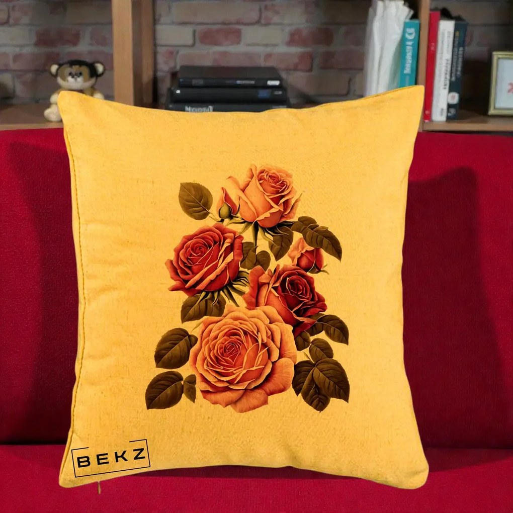 Perna Decorativa Trandafiri Vintage Roz-Rosii, 40x40 cm, Galben, Husa Detasabila, Perna Inclusa, BEKZ®