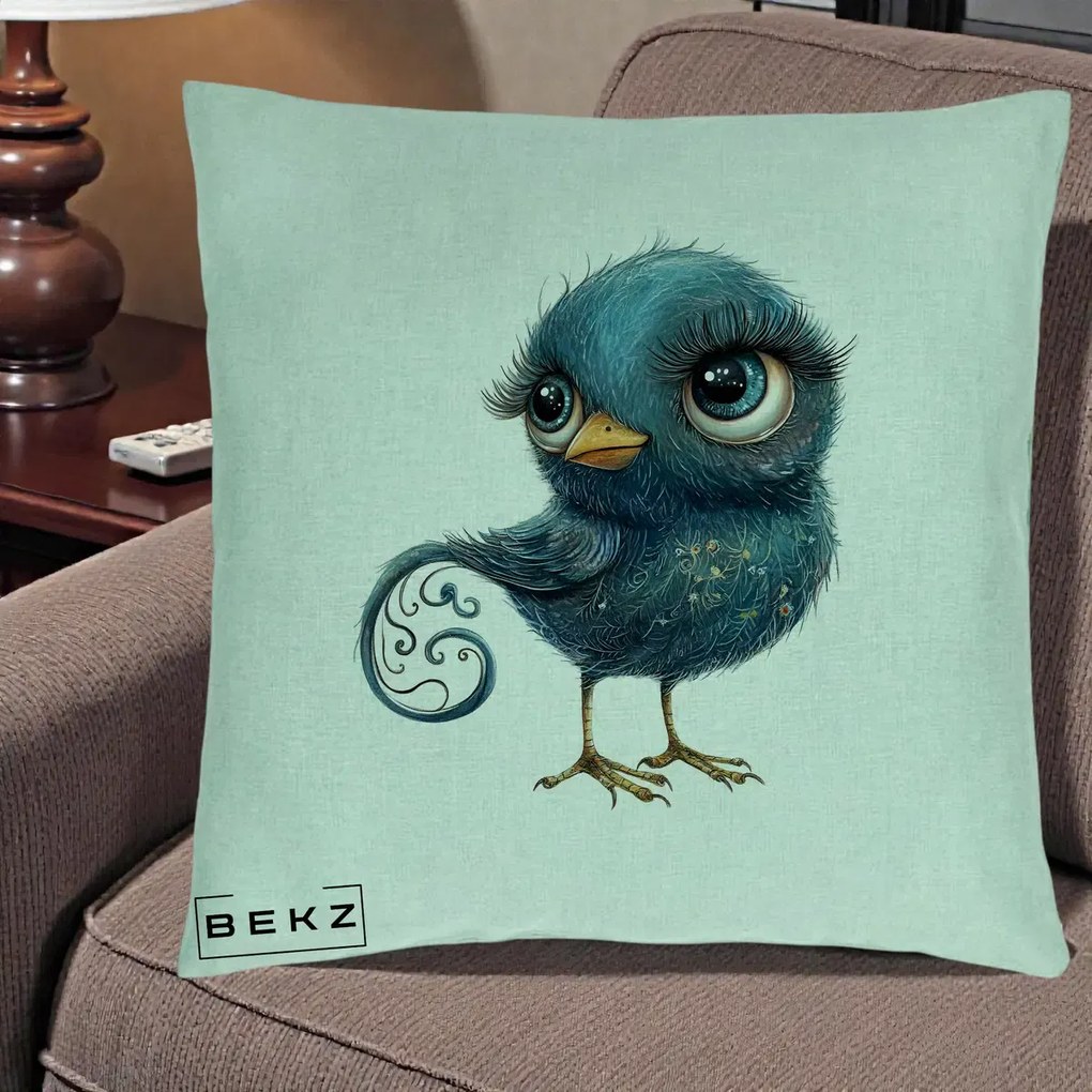 Perna Decorativa Pasare Teal cu Motive Aurii si Coada Spiralata, 40x40 cm, Verde Menta, Husa Detasabila, Perna Inclusa, BEKZ®