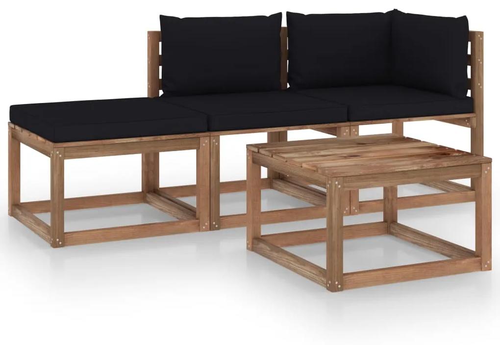 Set mobilier gradina paleti, cu perne, 4 piese, lemn pin tratat Negru, colt + mijloc + suport pentru picioare + masa, 1