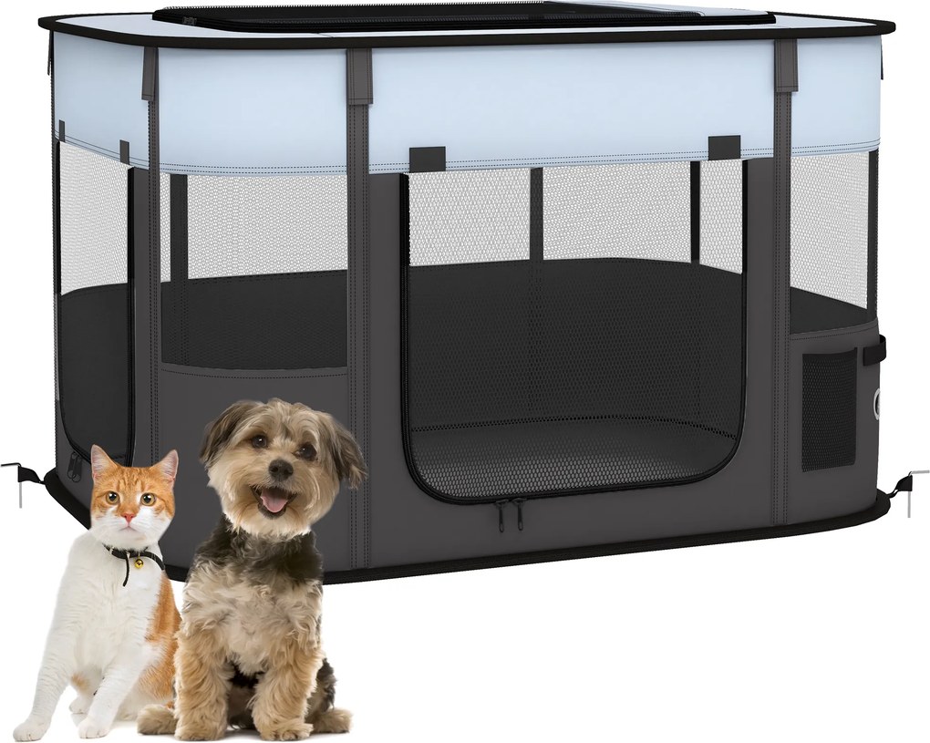 PawHut Țarc de Joacă pentru Animale de Companie, Gard pentru Câini cu 7 Ferestre, 3 Uși și 2 Pungi de Depozitare, 84x64x53 cm, Negru | Aosom Romania