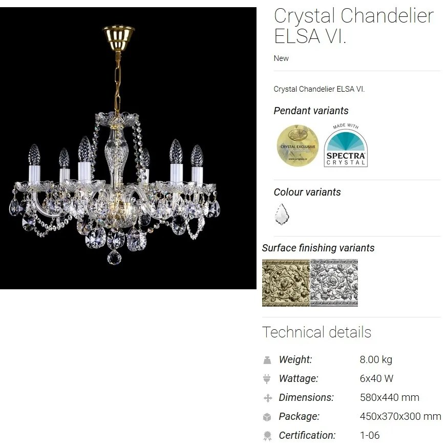 Candelabru elegant cu 6 brate Cristal Bohemia Exclusive ELSA VI. CE