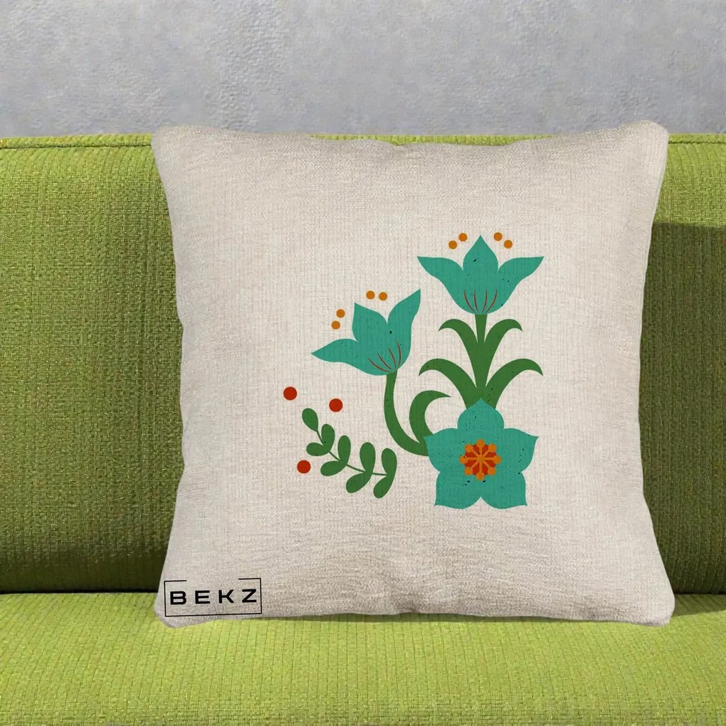 Perna Decorativa Flori Stilizate Folk Turcoaz, 40x40 cm, Bej Canapea, Husa Detasabila, Perna Inclusa, BEKZ®