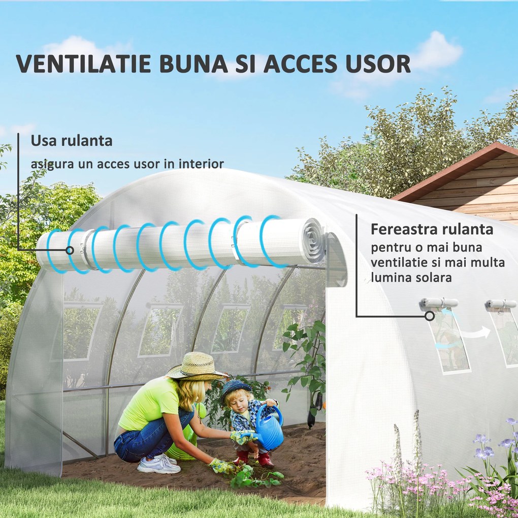 Outsunny Sera din PE cu 8 Ferestre, Ușă Enrolabilă și Margini Îngropate, 4x3x2 m, Albă | Aosom Romania