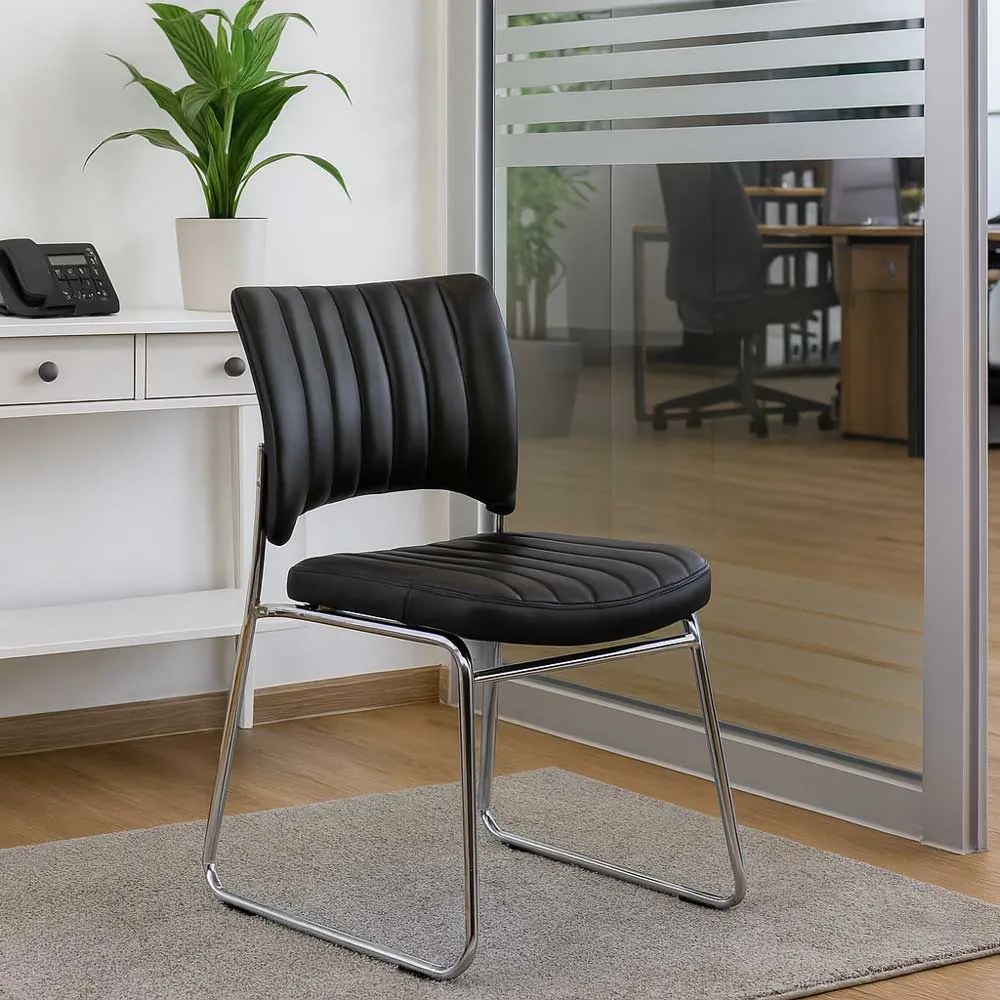 Scaun vizitator negru HRC 613 din piele ecologică și cadrul cromat