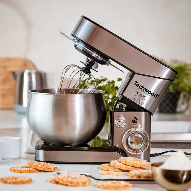 Mixer planetar Techwood TRO-1050, 1000W, 5 litri, 6 viteze, Pulse, 3 accesorii, Inox