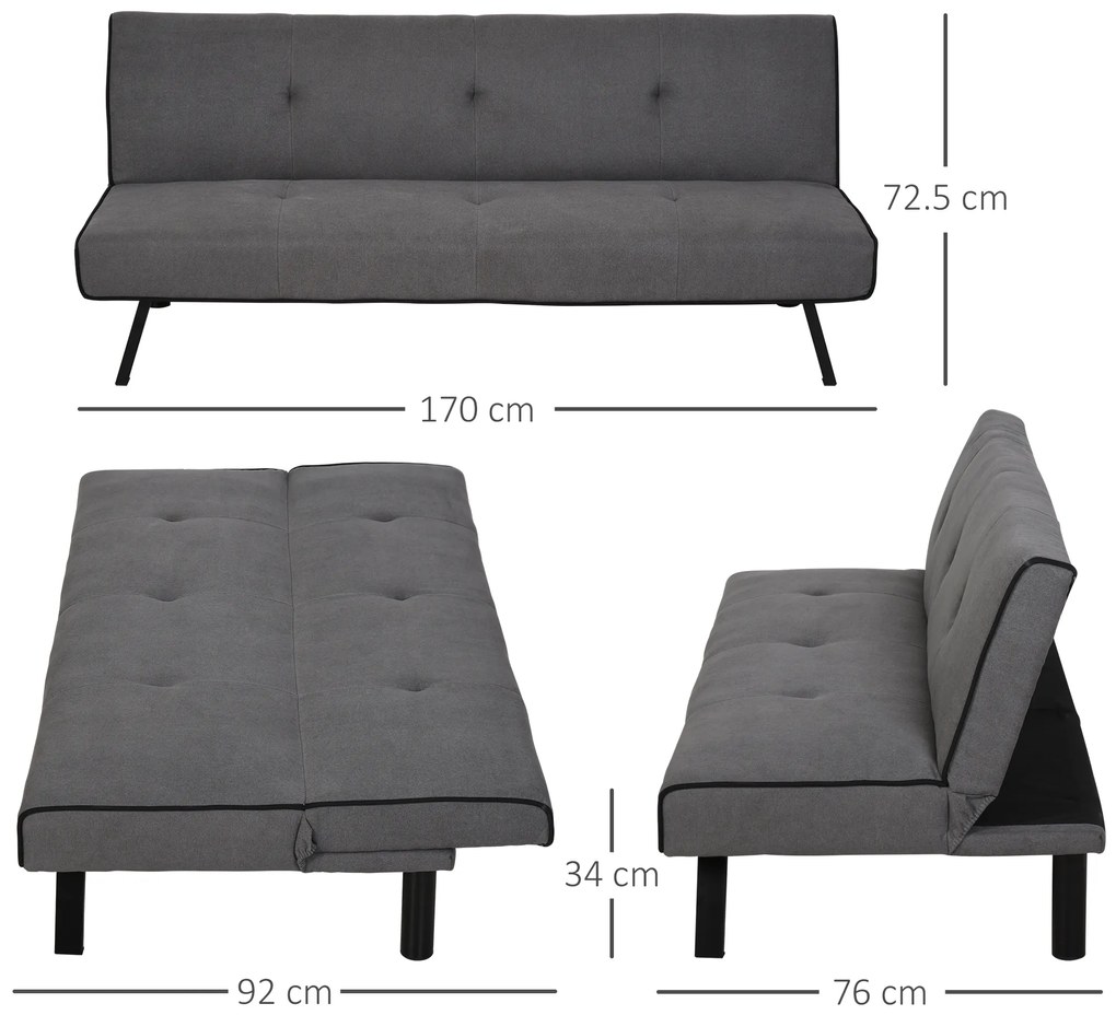 HOMCOM Canapea Extensibilă cu Spătar Reglabil în 3 Poziții și Șezut Tapițat, 170x76x72.5 cm, Gri | Aosom Romania