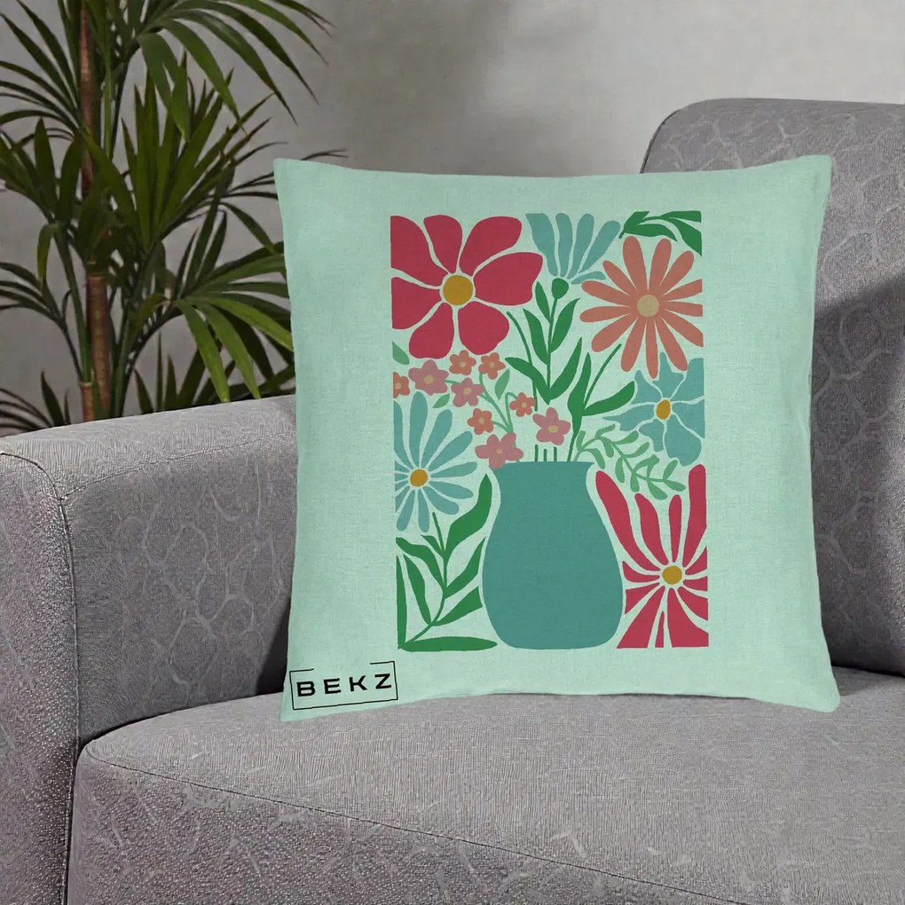 Perna Decorativa Flori in Vaza Turcoaz, 40x40 cm, Verde Menta, Husa Detasabila, Perna Inclusa, BEKZ®