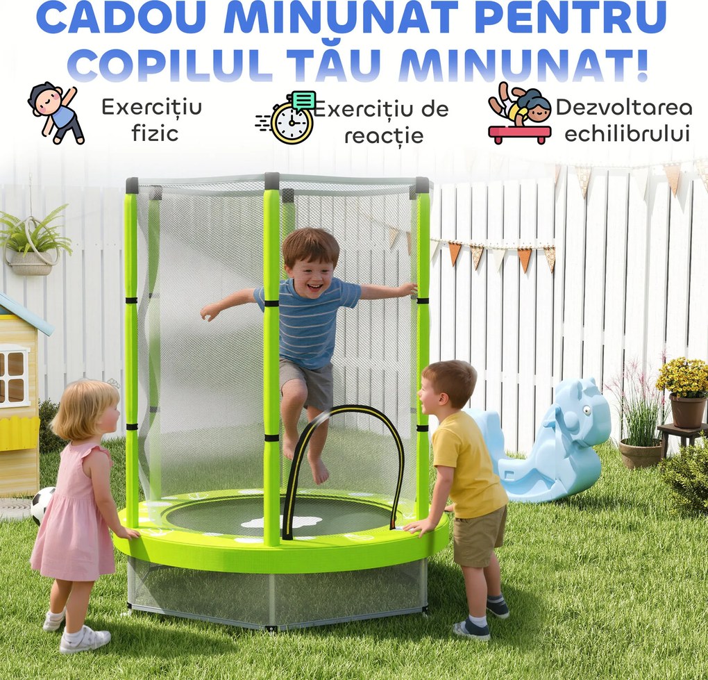 AIYAPLAY Trambulină pentru Copii 3-6 Ani cu Plasă de Siguranță, Փ140x190 cm, Verde | Aosom Romania