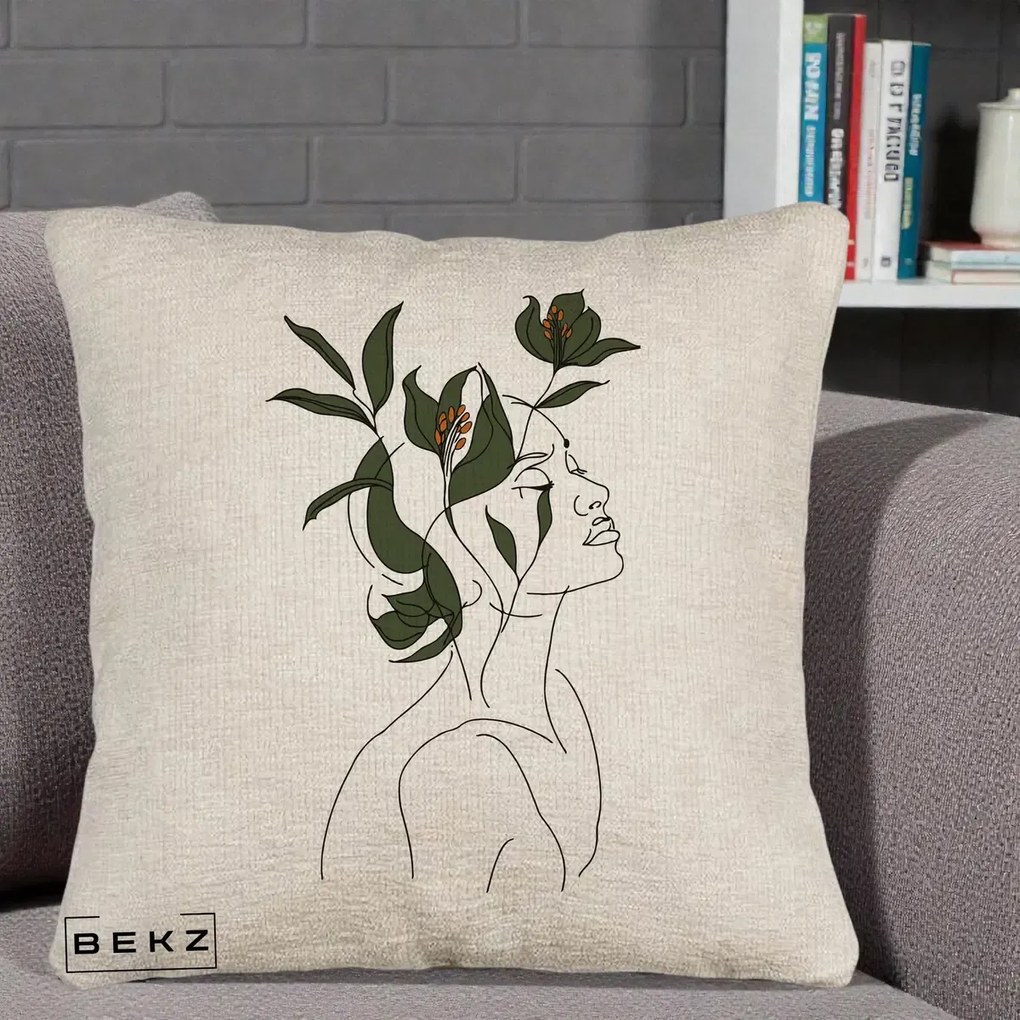 Perna Decorativa Portret Feminin Crin Verde, 40x40 cm, Bej Canapea, Husa Detasabila, Perna Inclusa, BEKZ®