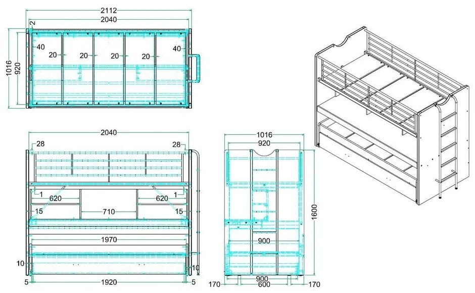 Pat pentru copii alb/albastru supraetajat/cu extensie suplimentară cu spațiu de depozitare cu somieră 90x200 cm Bonny – Vipack