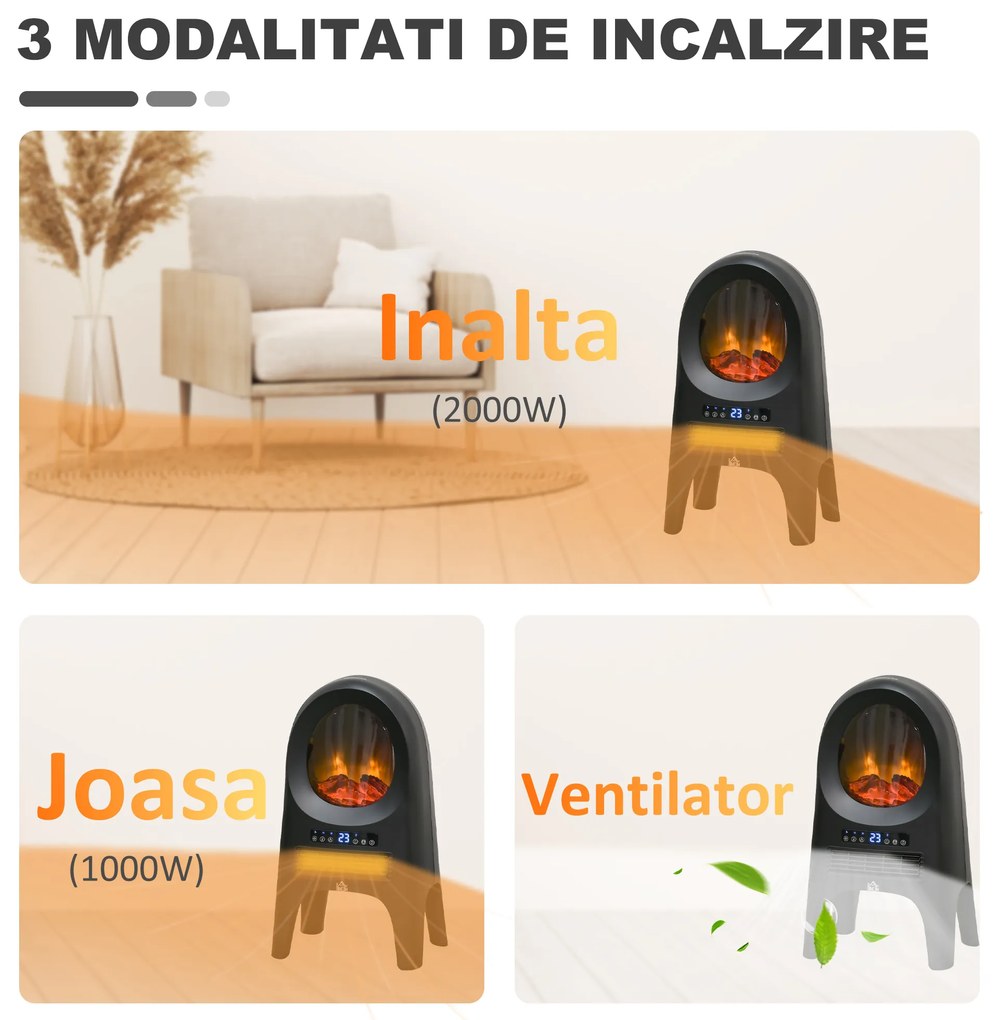 HOMCOM Încălzitor cu Ventilator cu 3 Moduri de Încălzire și Temperatură Reglabilă, Aparat de Încălzire, 33,7x25,5x60,4 cm, Negru | Aosom Romania