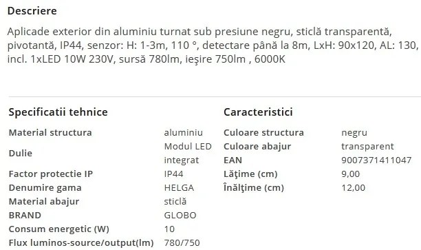 Aplica LED de exterior cu senzor de miscare IP44 HELGA