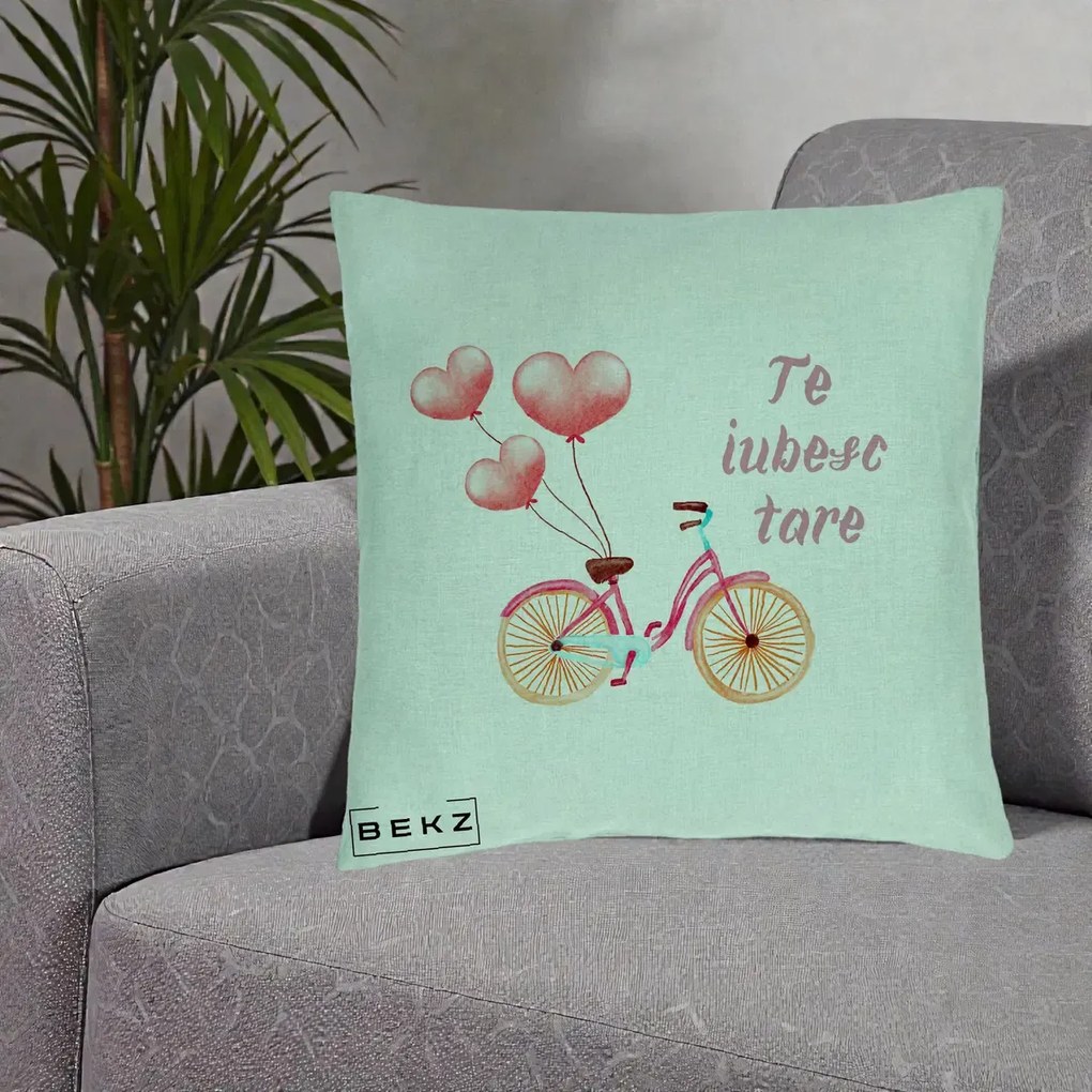 Perna Decorativa Te Iubesc Tare cu Bicicleta Roz si Baloane Inima, 40x40 cm, Verde Menta, Husa Detasabila, Perna Inclusa, BEKZ®