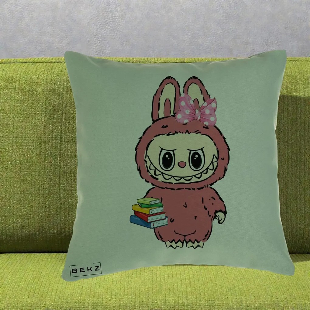 Perna Personalizata Labubu Roz cu Funda si Carti, 40x40 cm, Verde, Husa Detasabila, Perna Inclusa, BEKZ®
