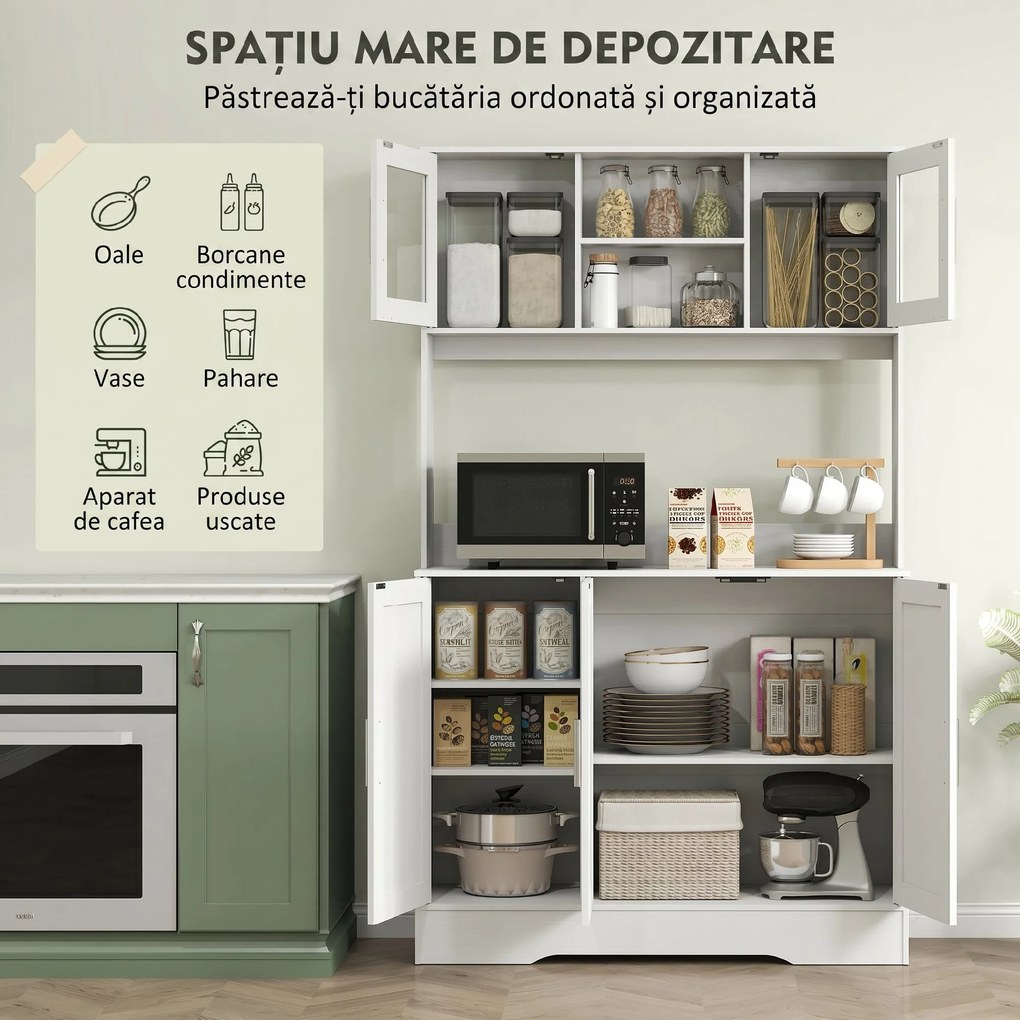 HOMCOM Dulap Bucătărie de 180cm, Dulap Înalt cu 4 Compartimente, Uși din Sticlă Securizată, 2 Rafturi Deschise, Rafturi Reglabile, Blat pentru Electrocasnice, pentru Bucătărie sau Living, Alb | Aosom Romania