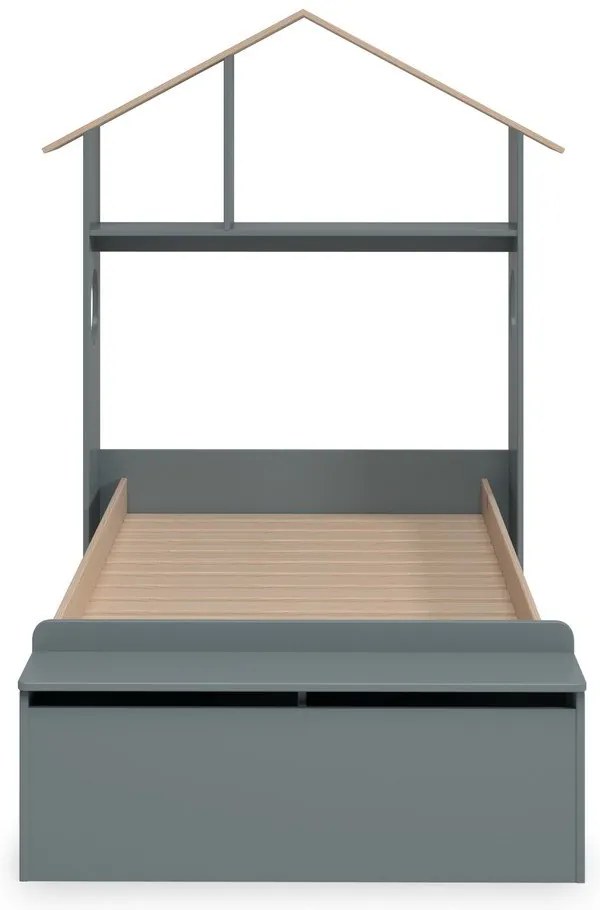 Pat pentru copii în culoare naturală/verde prăfuit de tip casă cu aspect de lemn de pin cu spațiu de depozitare cu somieră 90x190 cm Odessa – Marckeric