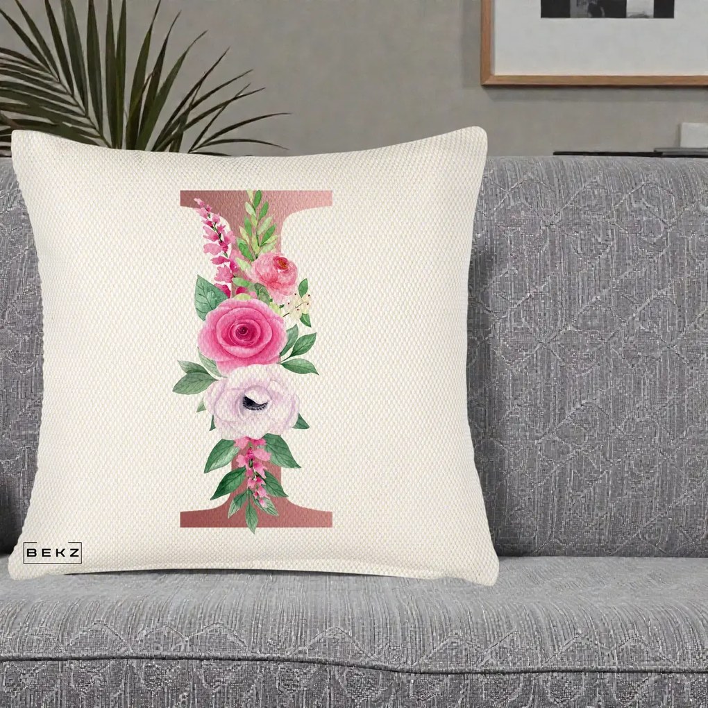 Cadou Personalizat - Perna Personalizata Monograma Rose Gold Litera I, 40x40 cm, Crem Reliefat, Husa Detasabila, Perna Inclusa, BEKZ®
