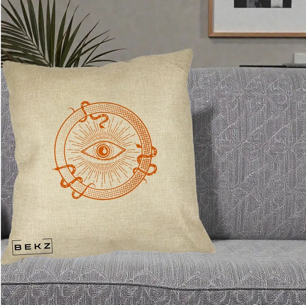 Perna Personalizata Ochiul Providentei Mistic Orange, 40x40 cm, Crem, Husa Detasabila, Perna Inclusa, BEKZ®