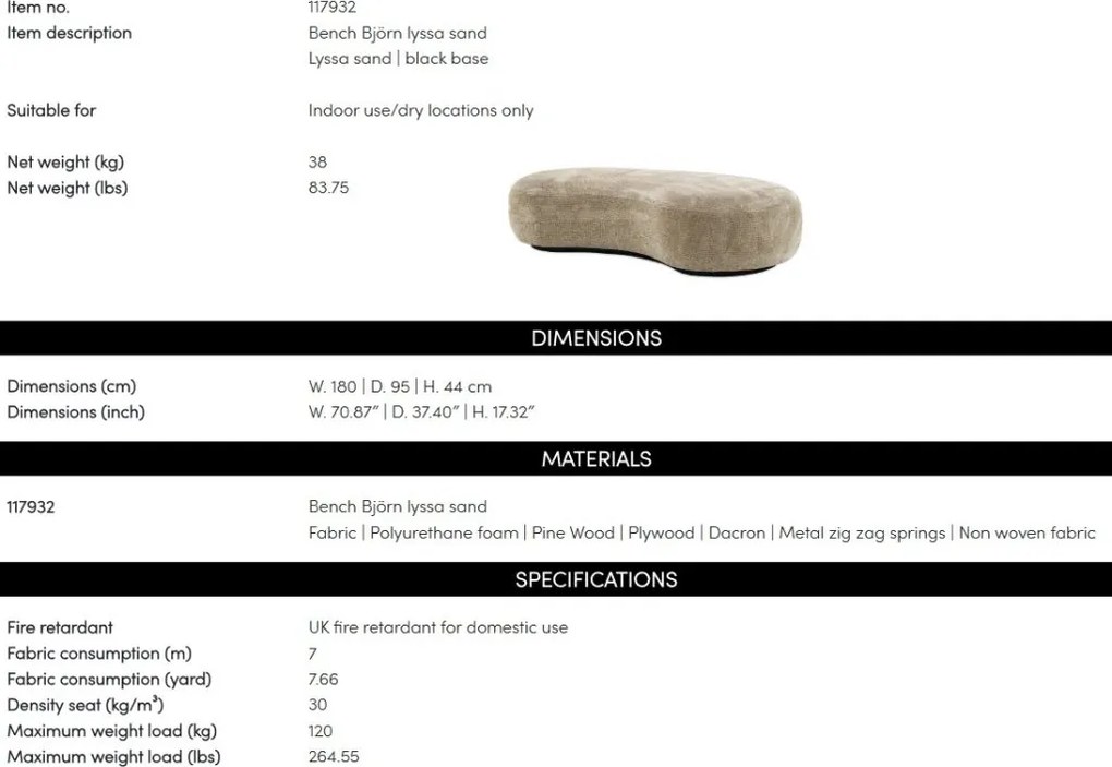 Bancheta design modern LUX Bjorn, Lyssa sand