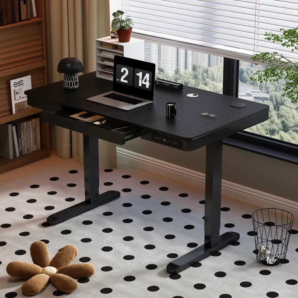 Birou Electric Reglabil pe Înălțime cu Sertar Ascuns, Încărcare Wireless & USB, Senzor de siguranță, 120x60, Negru