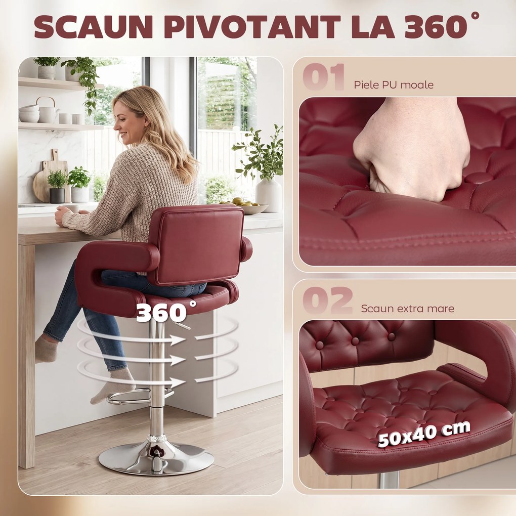 HOMCOM Scaun de Bar cu Înălțime Reglabilă, Scaun de Bucătărie Înalt din PU cu Spătar, Suport pentru Picioare, Cotiere și Șezut Confortabil, Structură Metalică, Rotativ la 360°, pentru Insulă, Roșu Vin | Aosom Romania