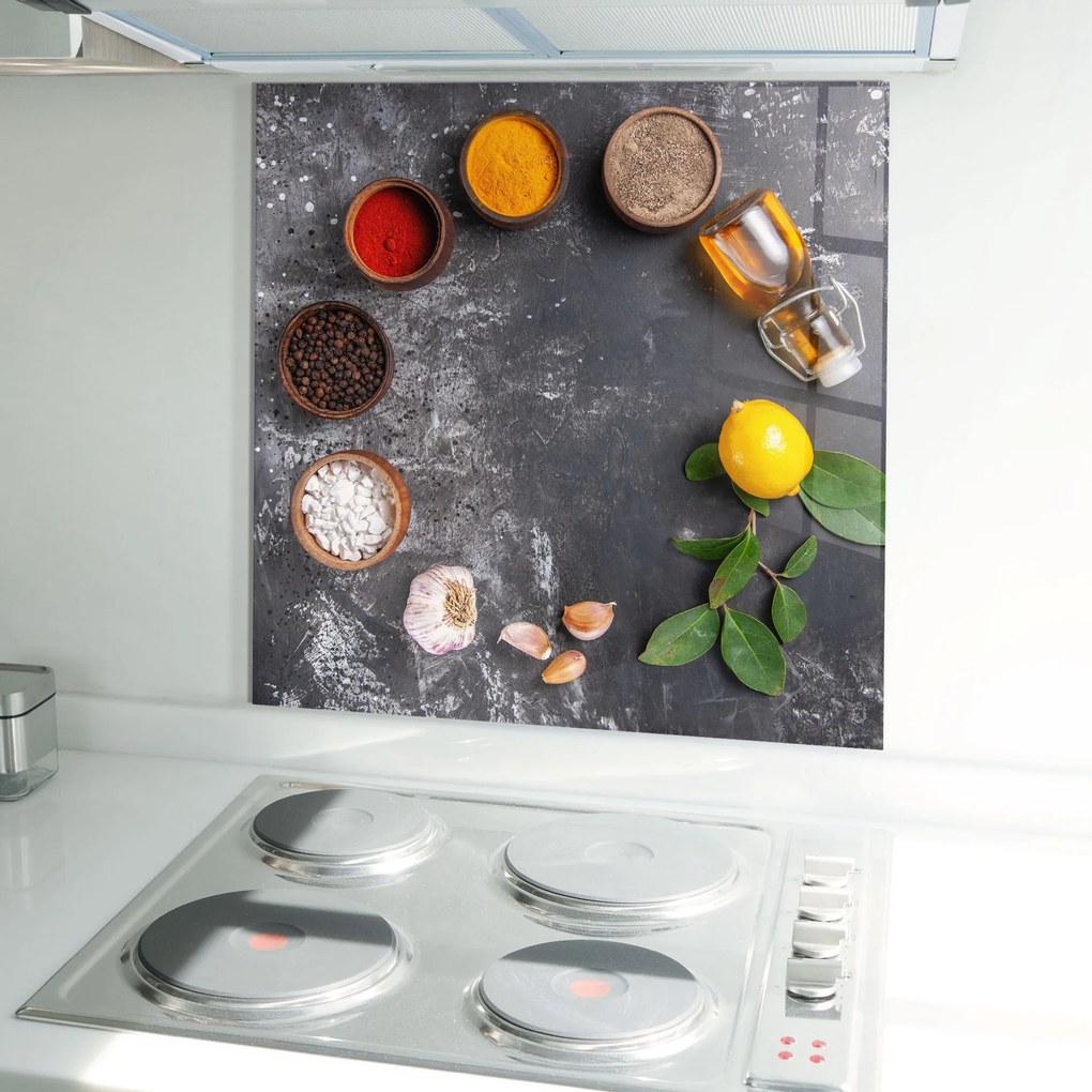 Panou Sticla Bucatarie, 100x100cm, Protectie aragaz, Antistropi, Termorezistent, Alimente, Condimente, Seasonings With Oil