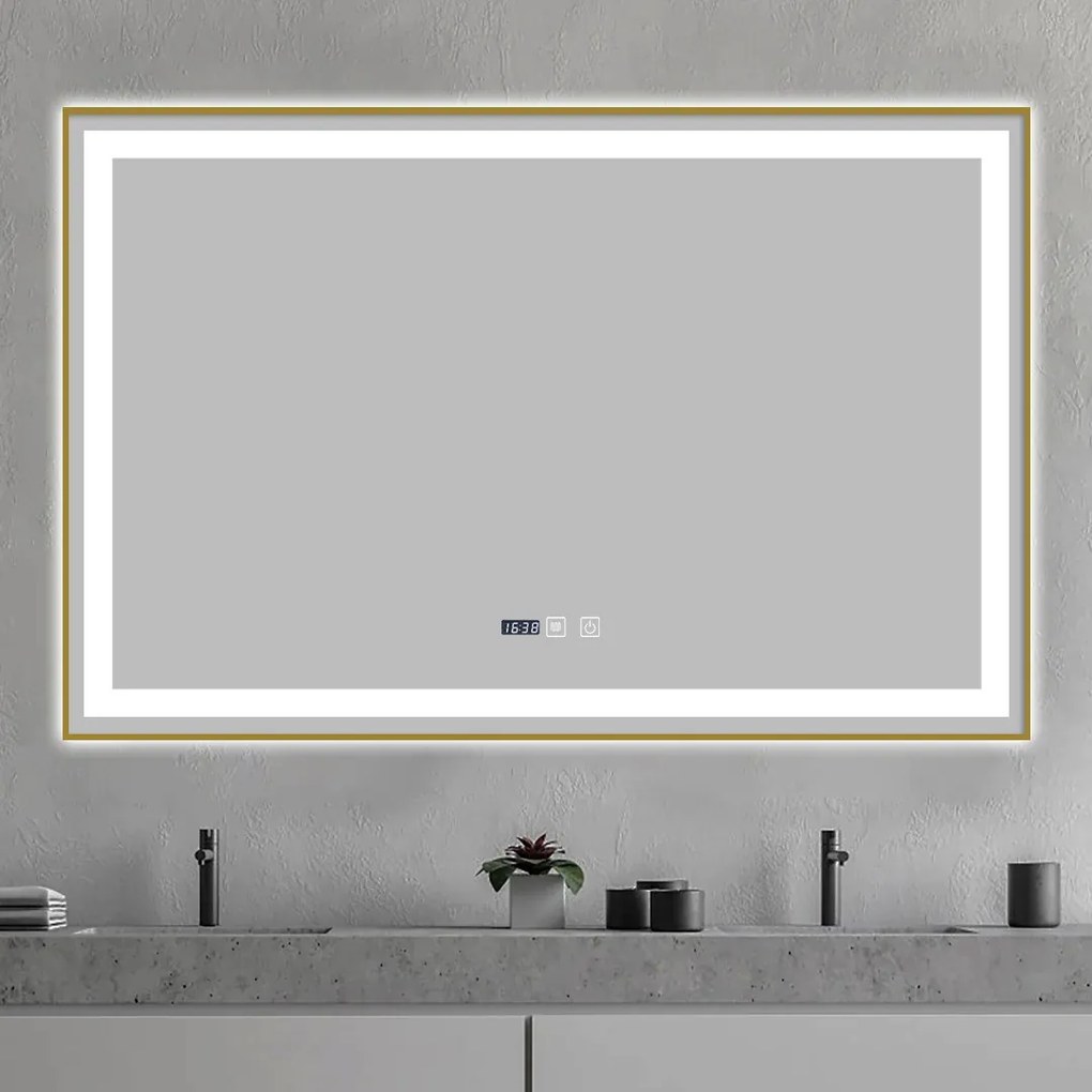 Oglindă Baie LED și Dezaburire Elit's Premium cu Senzor Touch, Lumina Rece, Caldă și Neutră, 100x80 cm, cu rama Bronz Gold Antichizat, Ceas