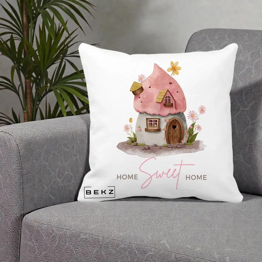 Perna Decorativa Home Sweet Home Casuta, 40x40 cm, Alba Mata, Husa Detasabila, Perna Inclusa, BEKZ®