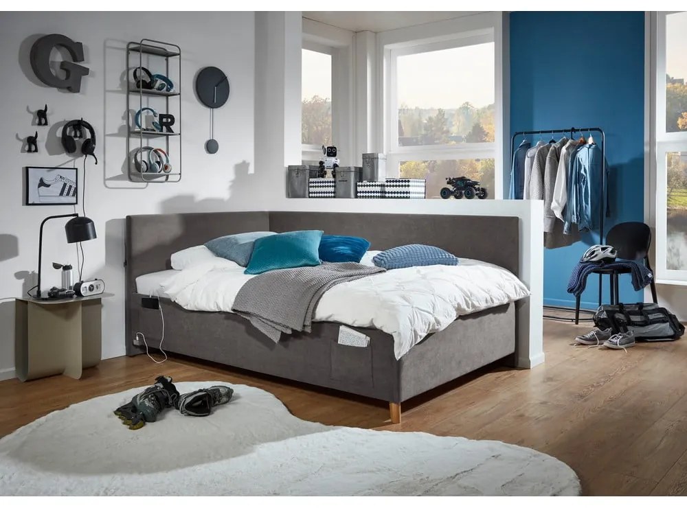 Pat pentru copii gri antracit pe colț tapițat fără somieră 90x200 cm Cool – Meise Möbel