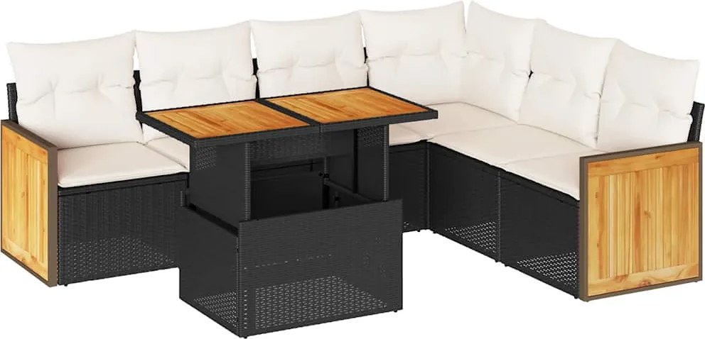 vidaXL Set canapele grădină perne 7 piese negru, poliratan/lemn acacia