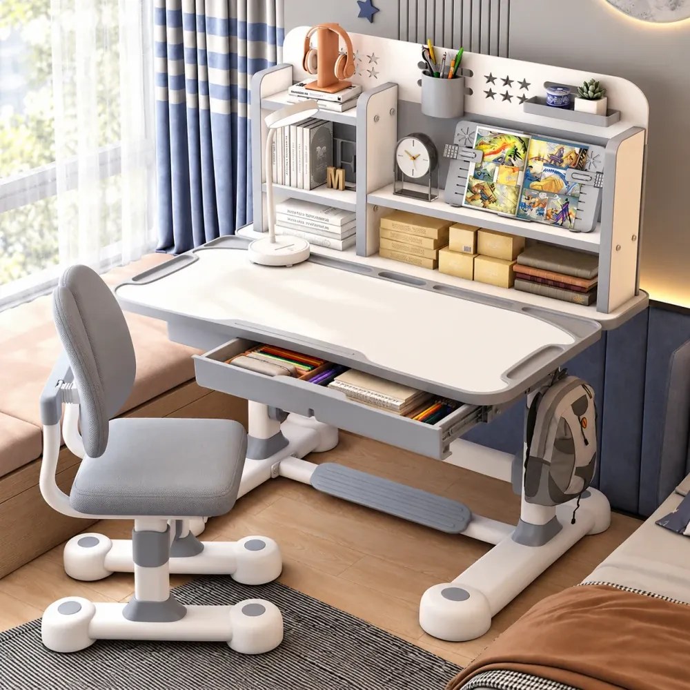 Set birou și scaun pentru copii, reglabile pe înălțime, blat înclinabil 0–50°, organizator cu rafturi, 80 × 60 cm, gri