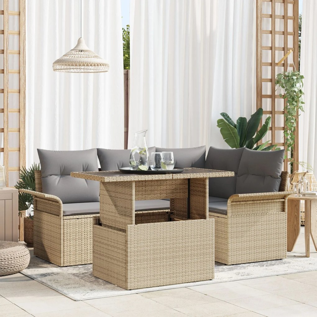 vidaXL Set de canapele pentru grădină cu pernă 5 pcs Bej Rattan poli