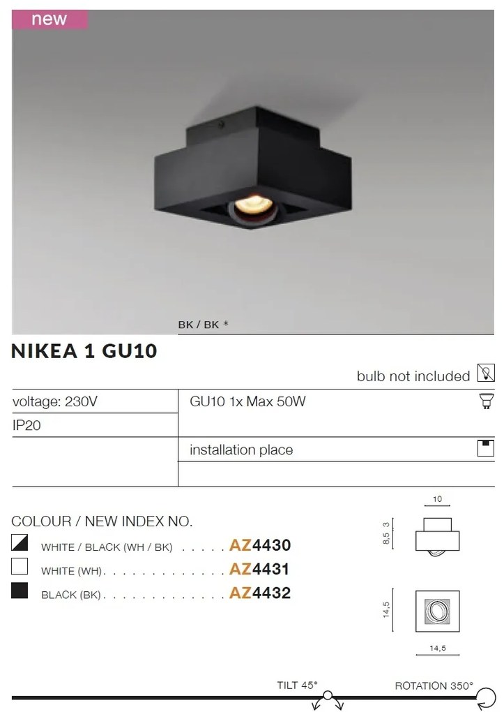 Spot aplicat directionabil de tavan/plafon NIKEA 1 GU10 alb/negru