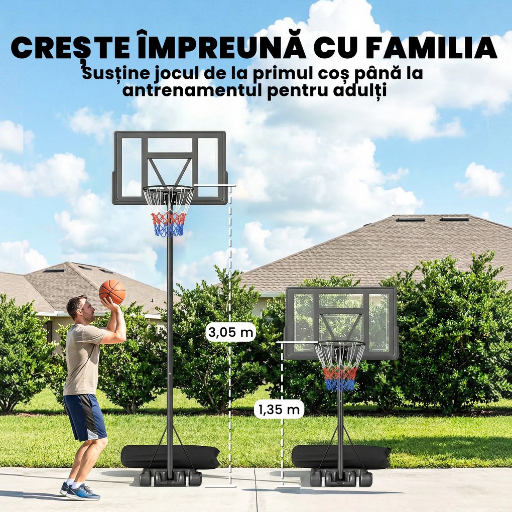 SPORTNOW Coș de Baschet Exterior Reglabil pe Înălțime 135-305 cm, Coș de Baschet cu Roți, Bază Umplibilă, Sac de Greutate, Panou Rezistent, Portabil pentru Interior și Exterior, Negru | Aosom Romania