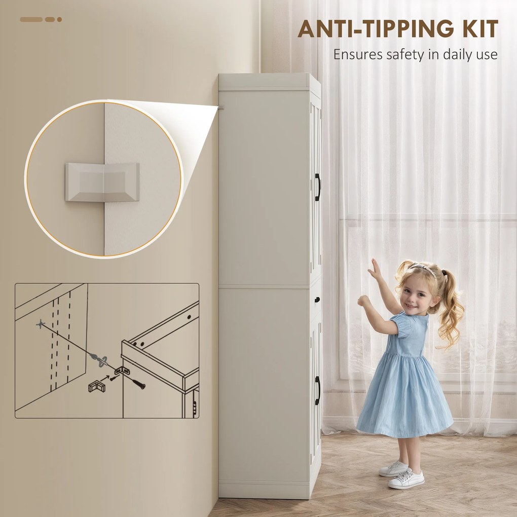 HOMCOM Dulap de bucătărie în stil country cu 2 dulapuri, 6 rafturi și un sertar, din lemn, 76x39,5x183,5 cm, alb | Aosom Romania