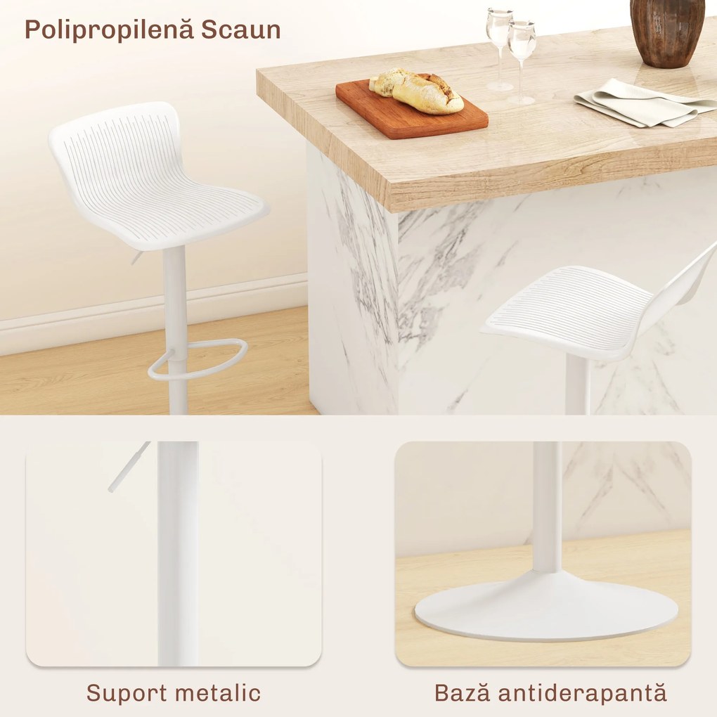 HOMCOM Set 2 Scaune de Bar cu Spătar Ergonomic,  Suport pentru Picioare și Șezut Rotativ, 38,5x40x76,5-97,5 cm, Alb | Aosom Romania