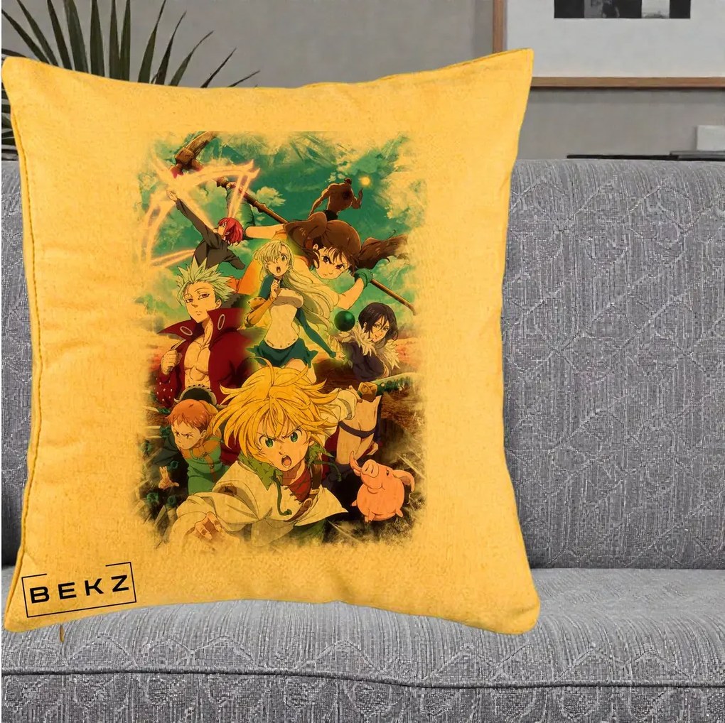 Perna Personalizata Nanatsu no Taizai Cele Sapte Pacate Mortale Anime, 40x40 cm, Galben, Husa Detasabila, Perna Inclusa, BEKZ®