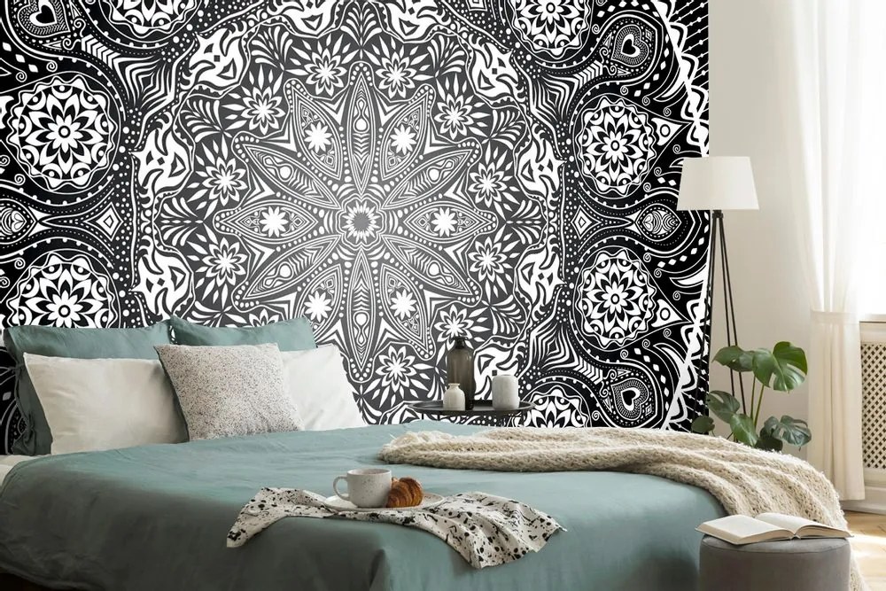 Tapet Mandala ornamentală cu dantelă în alb-negru