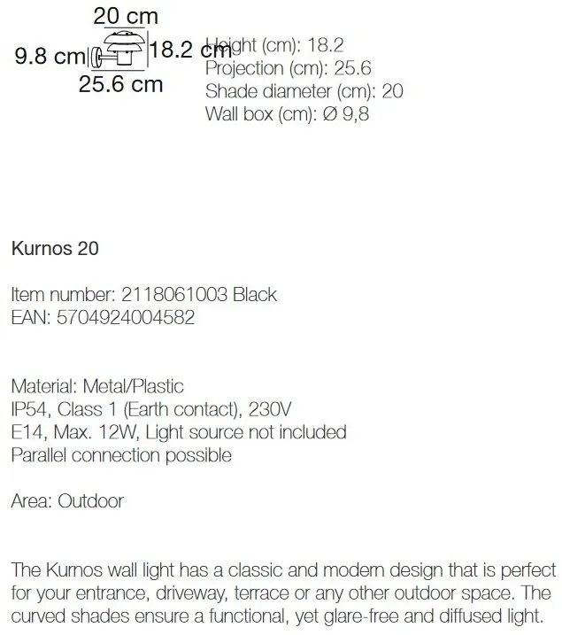 Aplica de perete pentru iluminat exterior modern, IP54 Kurnos 20 negru 2118061003 NL