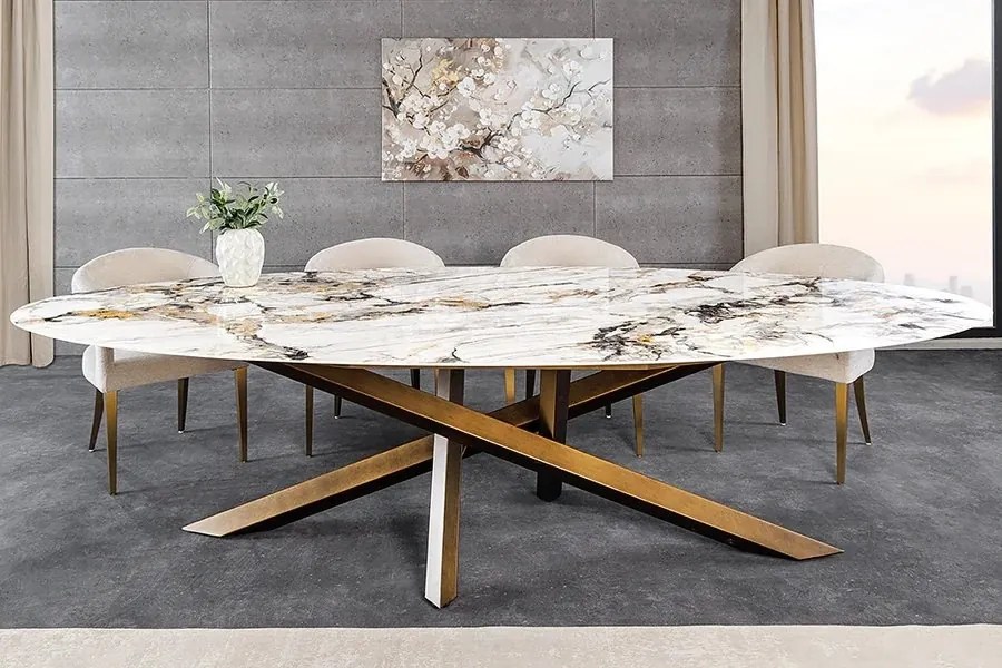 Masa ovala SCULPTURE 280cm metal bronz, ceramica alb, gri, maro