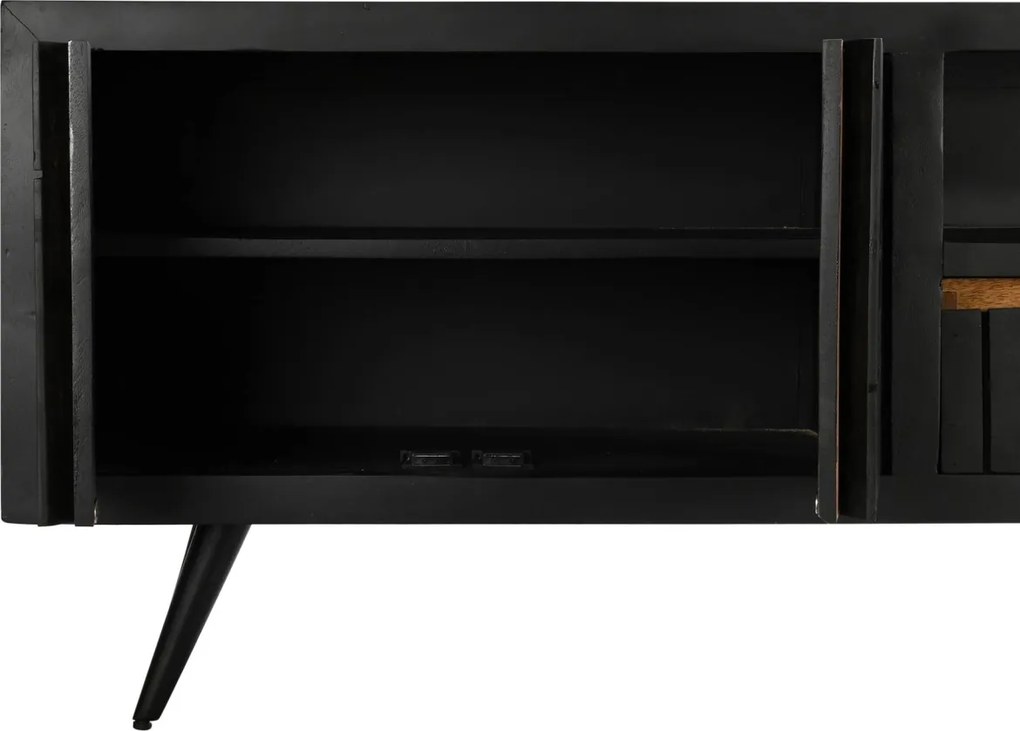Comodă TV living din lemn de mango, negru, cu 2 uși, 2 sertare, nișă deschisă și inserții din ratan împletit, 60 x 145,5 x 40,5 cm, „Cheverny”