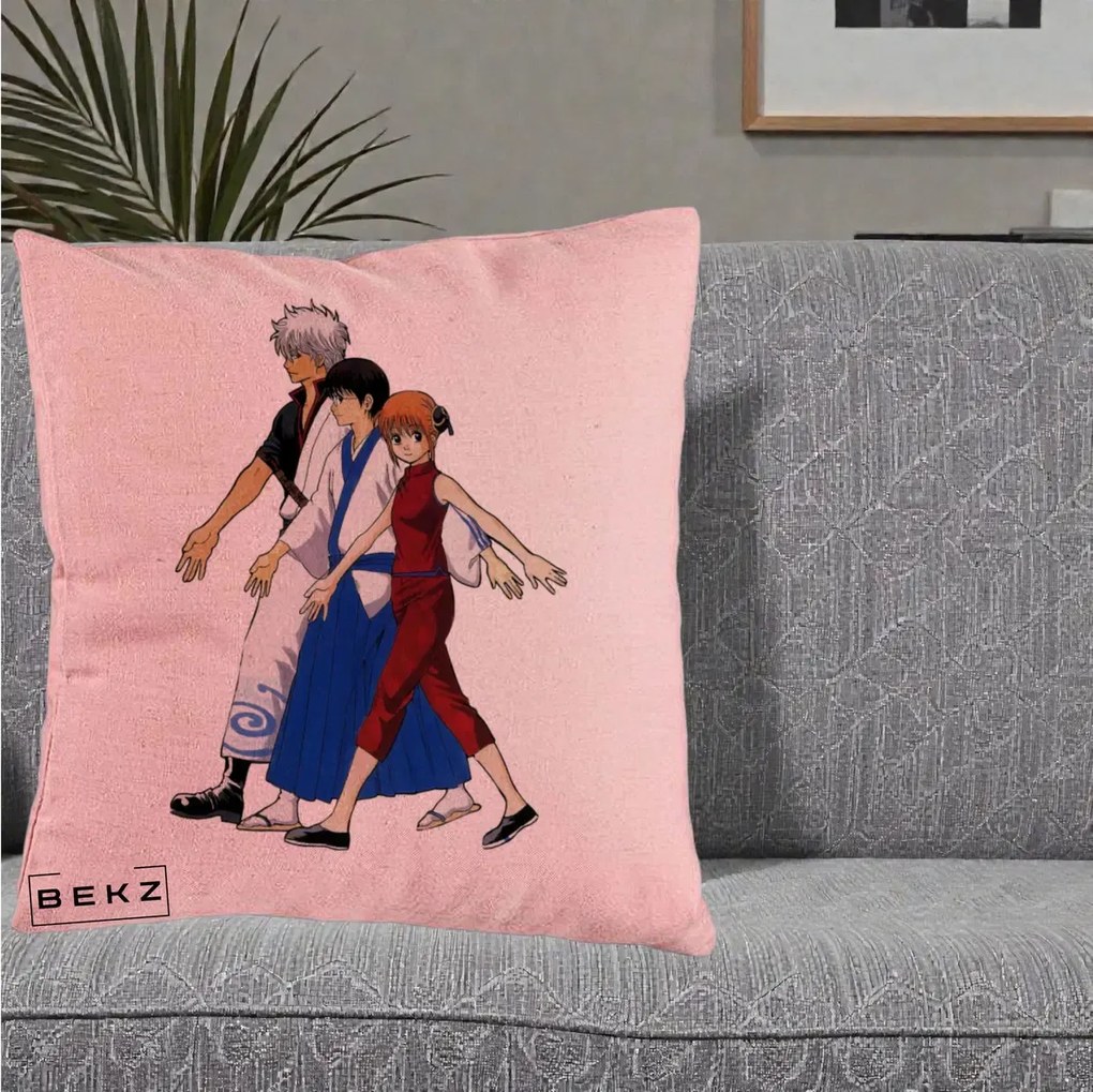 Perna Personalizata Gintama Trio Gintoki Shinpachi Kagura, 40x40 cm, Roz, Husa Detasabila, Perna Inclusa, BEKZ®