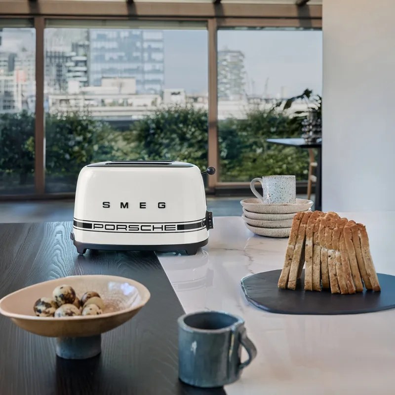 Prajitor de paine SMEG 50's Style Porsche TSF01PCWEU, 950 W, 2 felii, 6 trepte, Tava pentru firimituri, Cablu integrat, Otel inoxidabil, Alb