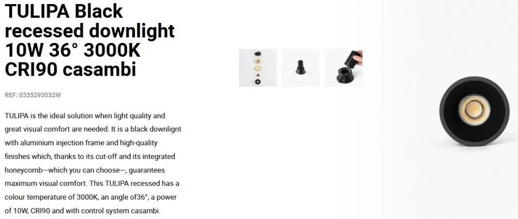 Spot LED incastrabil TULIPA Black recessed downlight 10W 36° 3000K CRI90 casambi