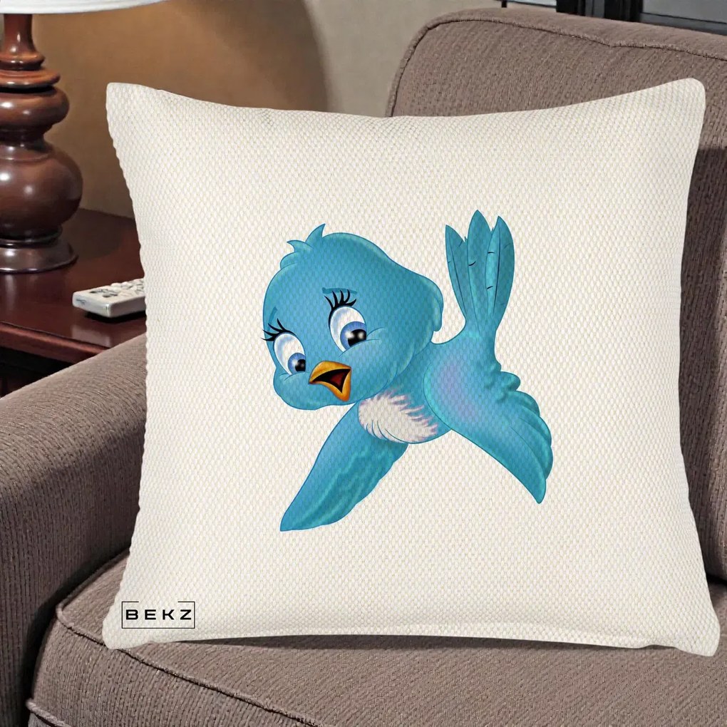 Perna Decorativa Pui de Pasare Albastru, 40x40 cm, Crem Reliefat, Husa Detasabila, Perna Inclusa, BEKZ®