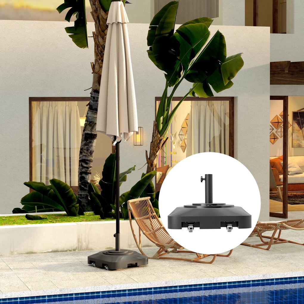 Outsunny Bază pentru Umbrelă cu Roți și 2 Frâne, Bază Reumplibilă din HDPE pentru Umbrelă cu Nisip 25 kg sau Apă 19 kg, pentru Stâlpi de Ø38/48 mm, 48x48x32,5 cm, Negru | Aosom Romania