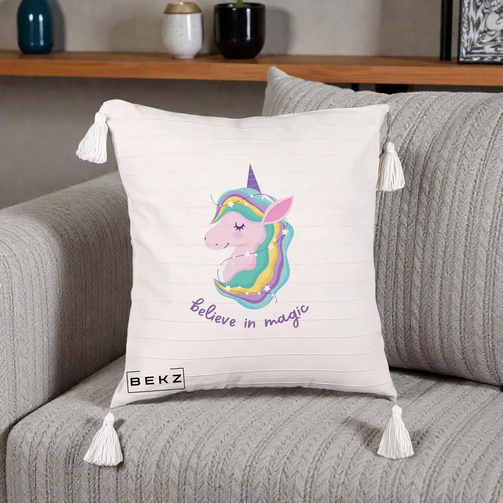 Perna Decorativa Unicorn Believe in Magic, 40x40 cm, Bej cu Franjuri, Husa Detasabila, Perna Inclusa, BEKZ®