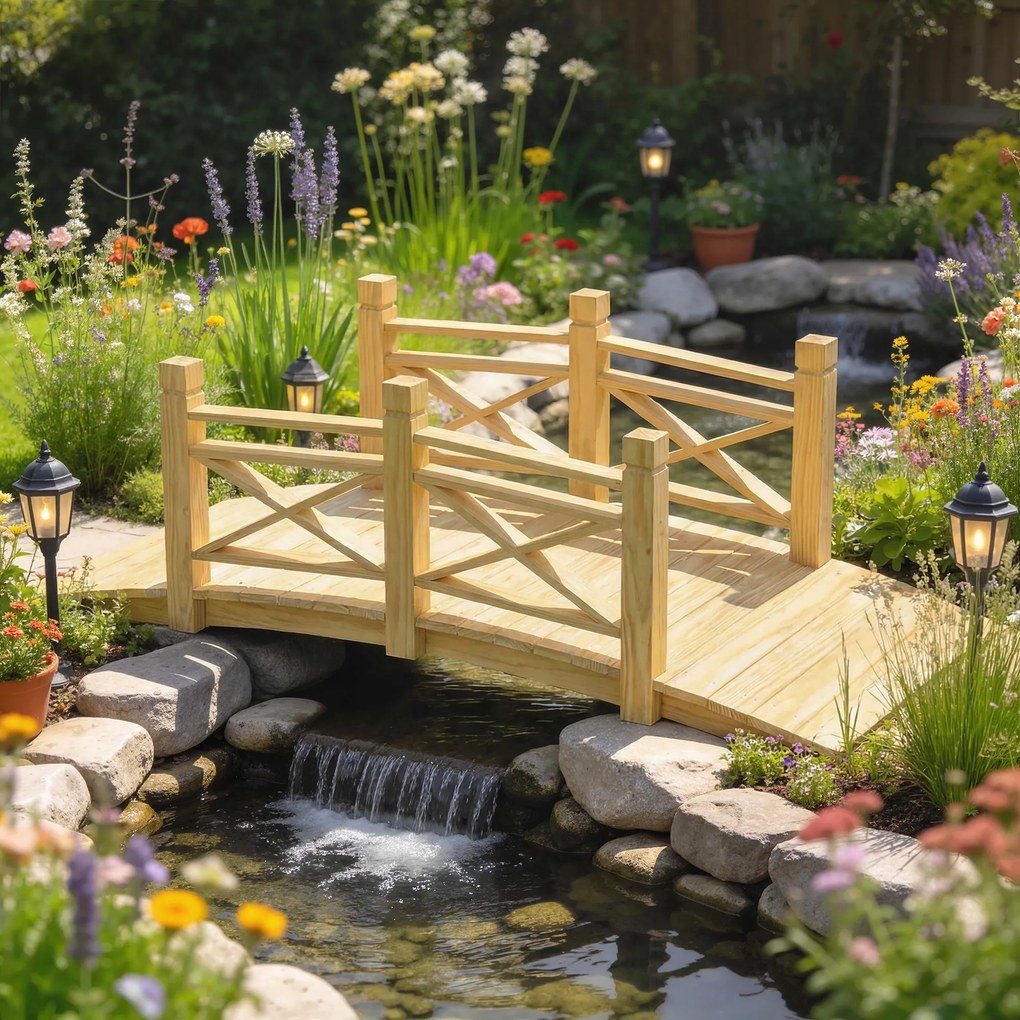 Outsunny Pod de grădină din lemn carbonizat curbat cu balustradă sigură și capacitate 200kg 174 x 78 x 57,5 cm Natural | Aosom Romania